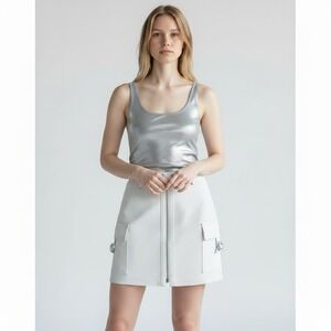 Y2K White Gray Perforated Genuine Leather Cargo Mini Skirt RiRi Zip Size 2 Rare